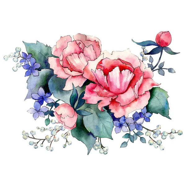 Bouquet di peonia rosa. Fiore botanico floreale. Set sfondo acquerello. Elemento di illustrazione bouquet isolato . — Foto Stock