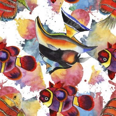 Sulu boya su sualtı renkli tropikal balık resimde kümesi. Sorunsuz arka plan deseni.