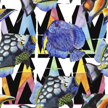 Sulu boya su sualtı renkli tropikal balık resimde kümesi. Sorunsuz arka plan deseni.