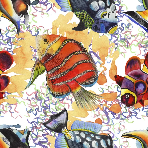 Aquarelle aquatique sous-marin coloré poissons tropicaux illustration ensemble. Modèle de fond sans couture . — Photo