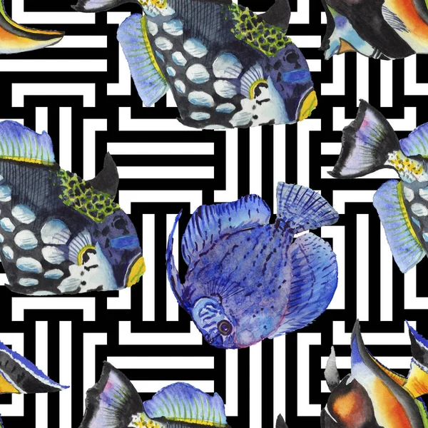 Акварельные акварельные подводные красочные тропические рыбы иллюстрации набор. Бесшовный рисунок фона . — стоковое фото