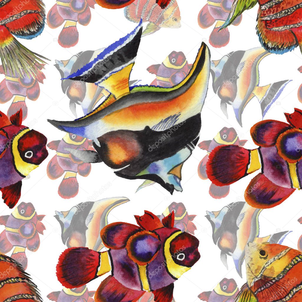 Watercolor aquatic underwater colorful tropical fish illustration set. Seamless background pattern.
