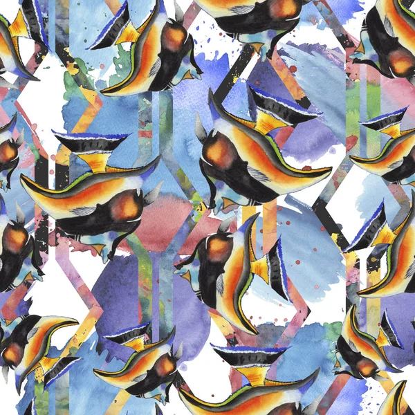 Ilustrace sada akvarel vodní podvodní barevné tropické ryby. Vzor bezešvé pozadí. — Stock fotografie
