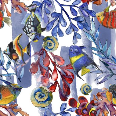 Sulu boya su sualtı renkli tropikal balık resimde kümesi. Sorunsuz arka plan deseni.