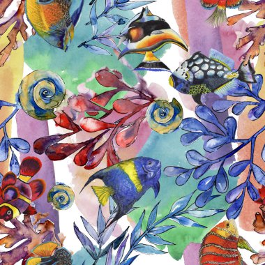 Sulu boya su sualtı renkli tropikal balık resimde kümesi. Sorunsuz arka plan deseni.