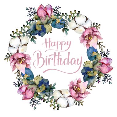 Botanik pembe çiçek buketi. Suluboya arka plan illüstrasyon küme. Çerçeve kenarlığı süsleme Meydanı.