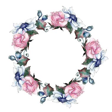 Botanik pembe çiçek buketi. Suluboya arka plan illüstrasyon küme. Çerçeve kenarlığı süsleme Meydanı.