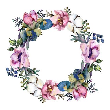 Botanik pembe çiçek buketi. Suluboya arka plan illüstrasyon küme. Çerçeve kenarlığı süsleme Meydanı.