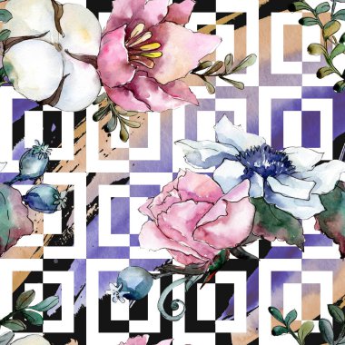 Botanik pembe çiçek buketi. Suluboya resim kümesi. Sorunsuz arka plan deseni.