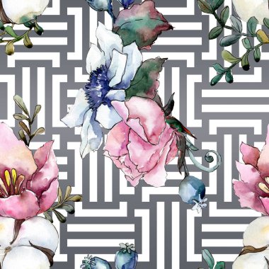 Botanik pembe çiçek buketi. Suluboya resim kümesi. Sorunsuz arka plan deseni.