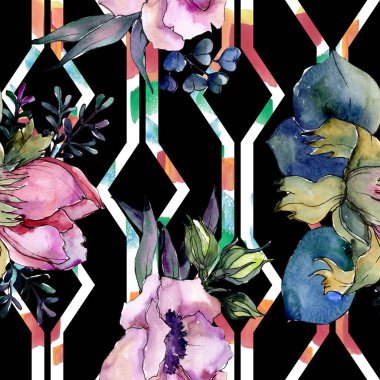 Botanik pembe çiçek buketi. Suluboya resim kümesi. Sorunsuz arka plan deseni.