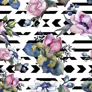 Botanik pembe çiçek buketi. Suluboya resim kümesi. Sorunsuz arka plan deseni.