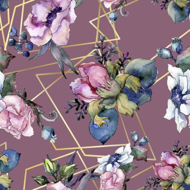 Botanik pembe çiçek buketi. Suluboya resim kümesi. Sorunsuz arka plan deseni.