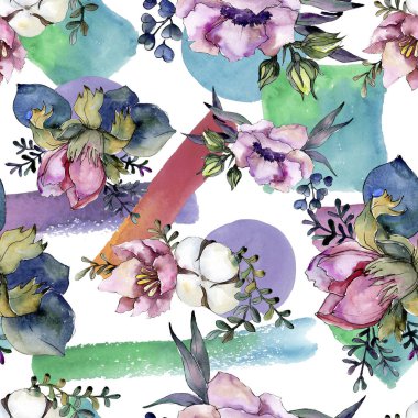 Botanik pembe çiçek buketi. Suluboya resim kümesi. Sorunsuz arka plan deseni.