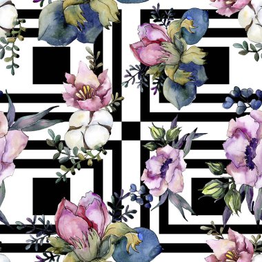 Botanik pembe çiçek buketi. Suluboya resim kümesi. Sorunsuz arka plan deseni.