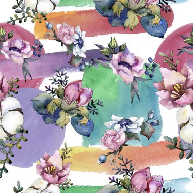 Botanik pembe çiçek buketi. Suluboya resim kümesi. Sorunsuz arka plan deseni.