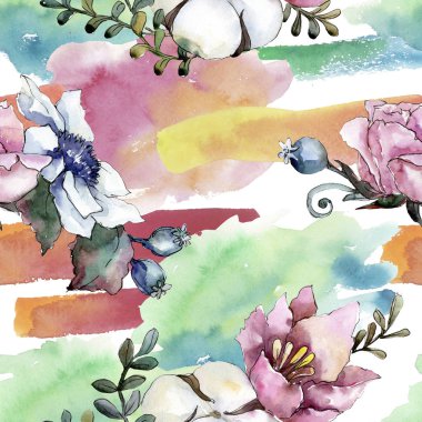 Botanik pembe çiçek buketi. Suluboya resim kümesi. Sorunsuz arka plan deseni.