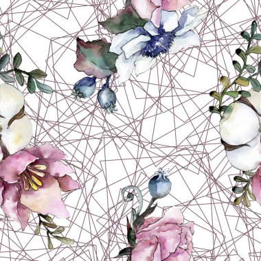 Botanik pembe çiçek buketi. Suluboya resim kümesi. Sorunsuz arka plan deseni.