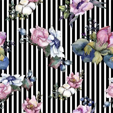 Botanik pembe çiçek buketi. Suluboya resim kümesi. Sorunsuz arka plan deseni.