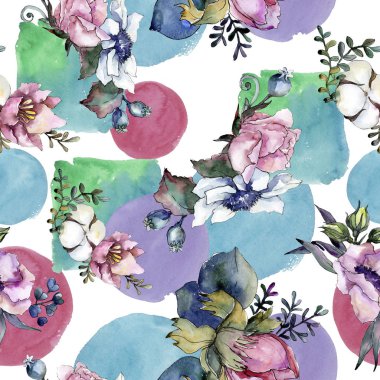 Botanik pembe çiçek buketi. Suluboya resim kümesi. Sorunsuz arka plan deseni.