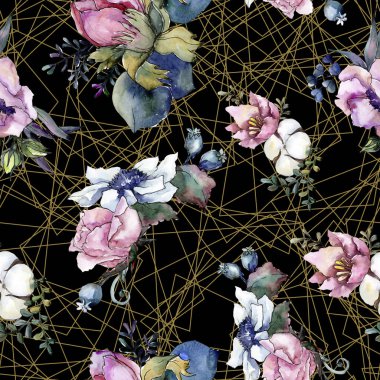 Botanik pembe çiçek buketi. Suluboya resim kümesi. Sorunsuz arka plan deseni.