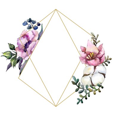 Botanik pembe çiçek buketi. Suluboya arka plan illüstrasyon küme. Çerçeve kenarlığı süsleme Meydanı.