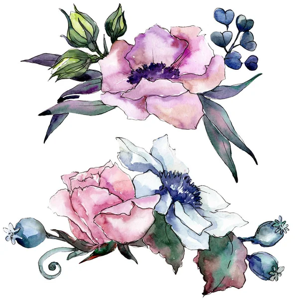 Ramo de flores botánicas florales rosadas. Conjunto de ilustración de fondo acuarela. Elemento de ilustración de ramo aislado . — Foto de Stock