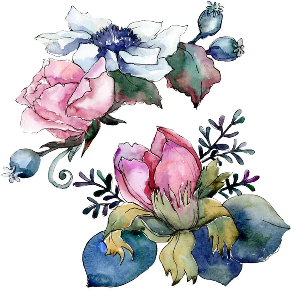 ピンクの花植物花の花束。水彩画背景イラスト セット。孤立した花束の図要素. — ストック写真