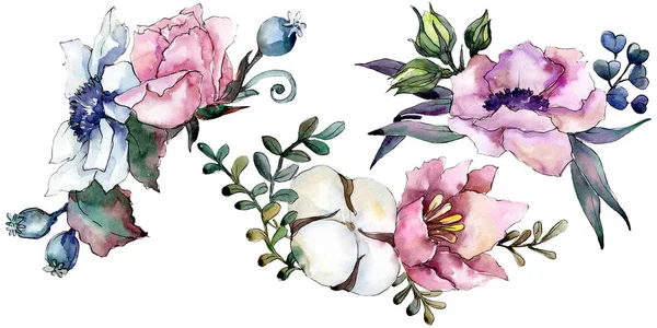 Rosa blommig botaniska blombukett. Akvarell bakgrund illustration set. Isolerade bukett illustration element. — Stockfoto