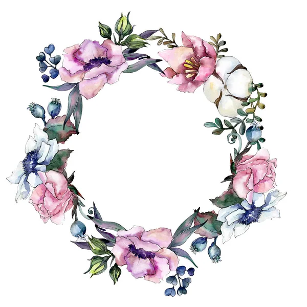 핑크 꽃 식물 꽃 꽃다발입니다. 수채화 배경 그림 설정 합니다. 프레임 테두리 장식 스퀘어. — 스톡 사진