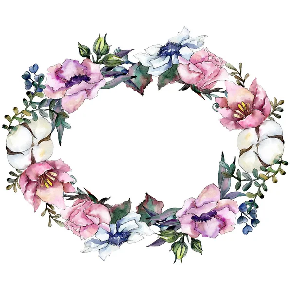 Roze bloemen botanische bloemboeket. Aquarel achtergrond afbeelding instellen. Frame grens ornament vierkant. — Stockfoto