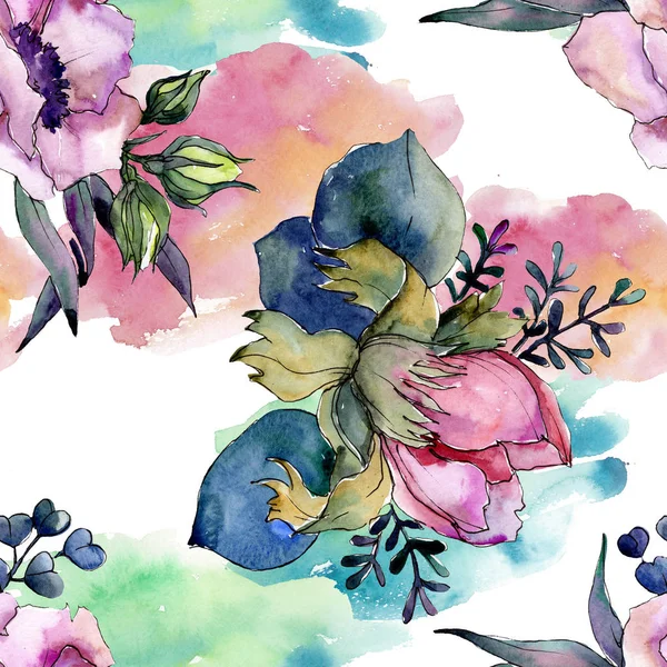Pink floral botanical flower bouquet. Watercolor illustration set. Seamless background pattern. — Stock Photo, Image