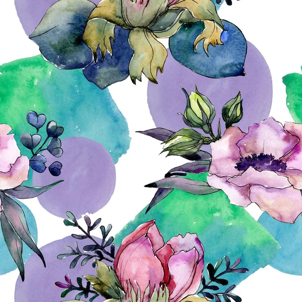 Pink floral botanical flower bouquet. Watercolor illustration set. Seamless background pattern. — Stock Photo, Image