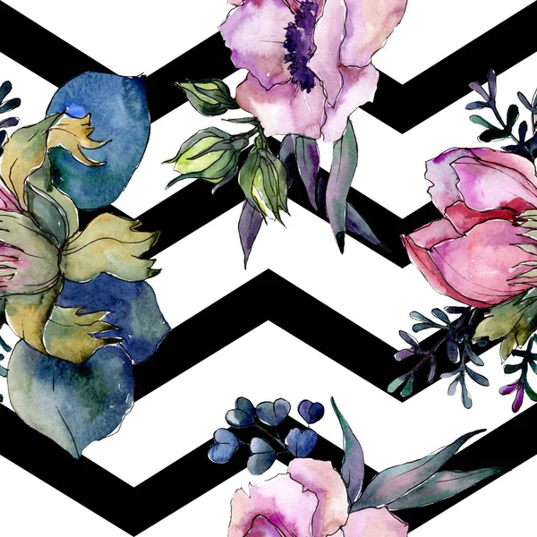 핑크 꽃 식물 꽃 꽃다발입니다. 수채화 그림 집합입니다. 원활한 배경 패턴. — 스톡 사진
