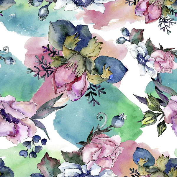 Pink floral botanical flower bouquet. Watercolor illustration set. Seamless background pattern. — Stock Photo, Image