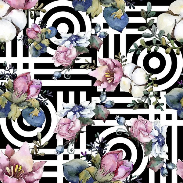 ピンクの花植物花の花束。水彩イラスト セット。シームレスな背景パターン. — ストック写真