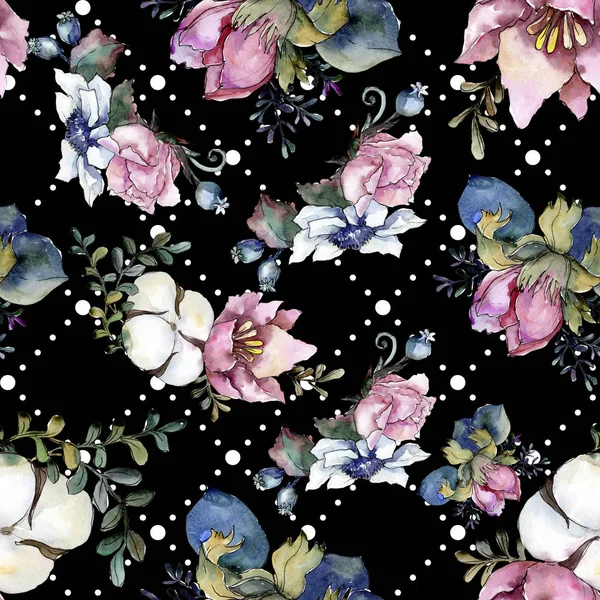 Bouquet floral rose de fleurs botaniques. Ensemble d'illustration aquarelle. Modèle de fond sans couture . — Photo