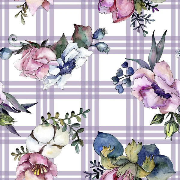 ピンクの花植物花の花束。水彩イラスト セット。シームレスな背景パターン. — ストック写真
