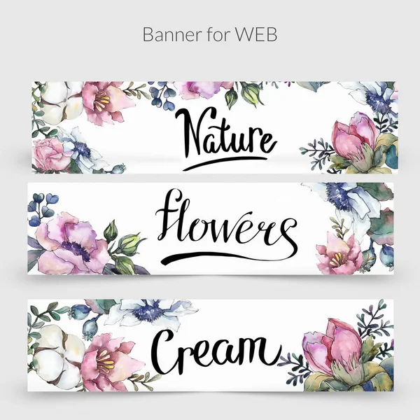 Rózsaszín botanikai virág csokor. Akvarell háttér illusztráció készlet. Promo eladó banner sablon. — Stock Fotó