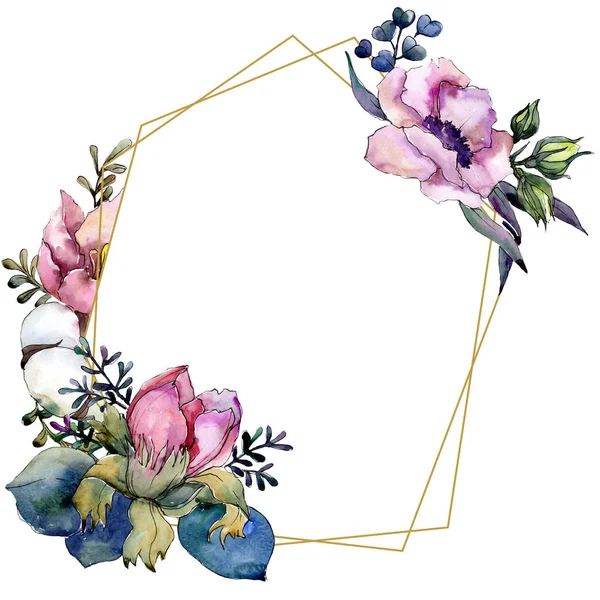 Μπουκέτο με ροζ floral βοτανικό λουλούδι. Ακουαρέλα φόντο εικόνα σύνολο. Πλαίσιο συνόρων στολίδι τετράγωνο. — Φωτογραφία Αρχείου