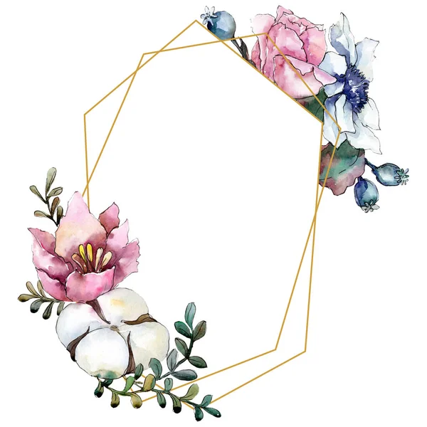 Mazzo di fiori botanici floreali rosa. Acquerello sfondo illustrazione set. Quadrato ornamento bordo cornice . — Foto Stock