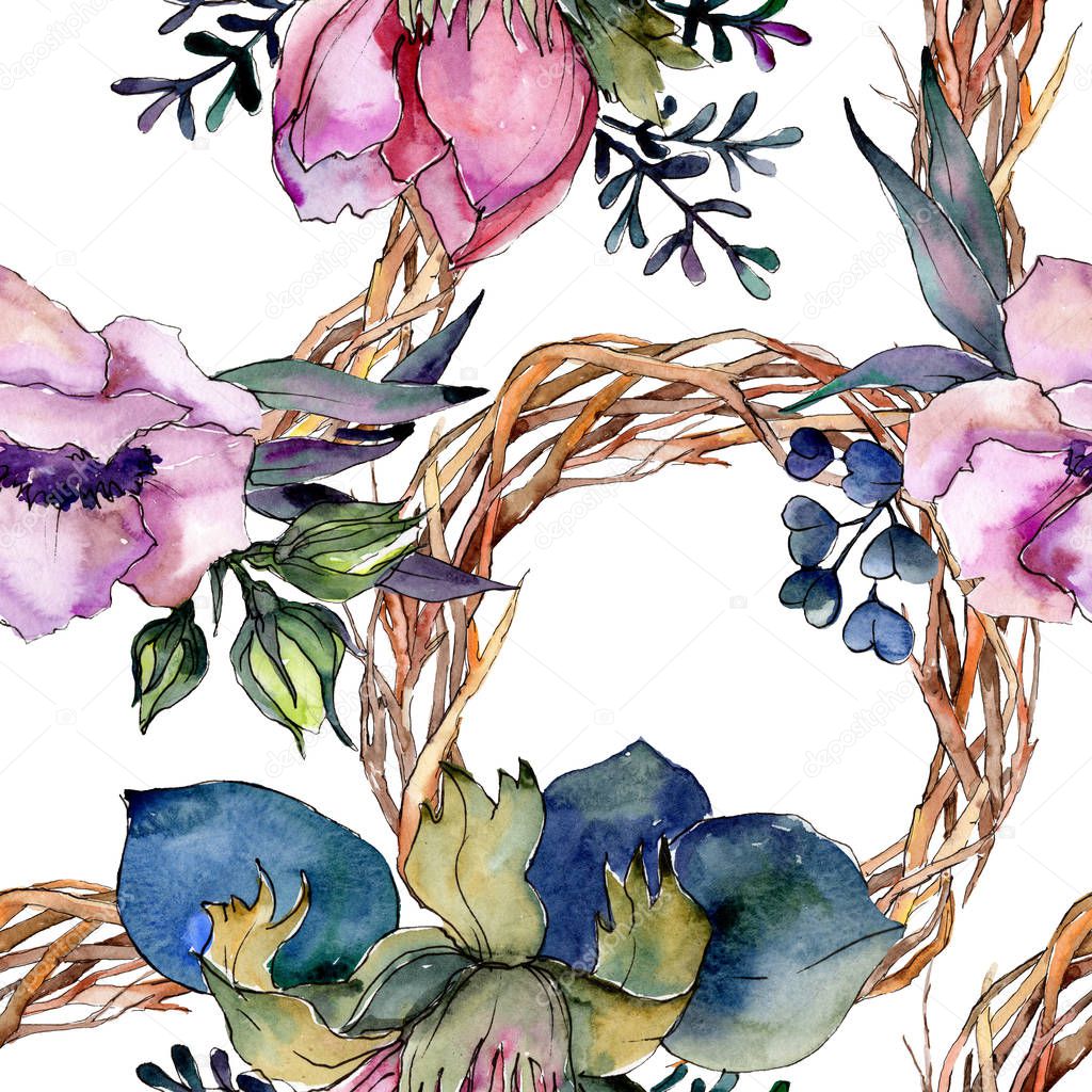 Pink floral botanical flower bouquet. Watercolor illustration set. Seamless background pattern.