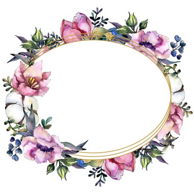 Botanik pembe çiçek buketi. Suluboya arka plan illüstrasyon küme. Çerçeve kenarlığı süsleme Meydanı.