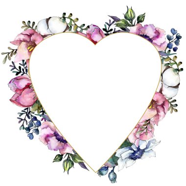 Botanik pembe çiçek buketi. Suluboya arka plan illüstrasyon küme. Çerçeve kenarlığı süsleme Meydanı.