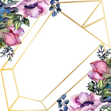 Botanik pembe çiçek buketi. Suluboya arka plan illüstrasyon küme. Çerçeve kenarlığı süsleme Meydanı.
