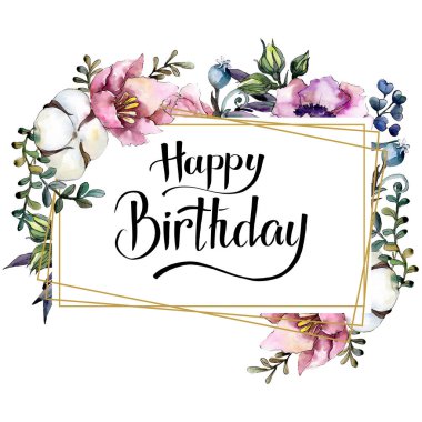 Botanik pembe çiçek buketi. Suluboya arka plan illüstrasyon küme. Çerçeve kenarlığı süsleme Meydanı.