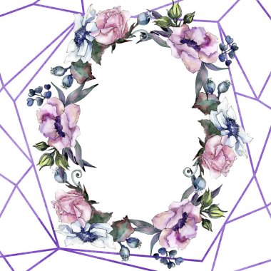 Botanik pembe çiçek buketi. Vahşi bahar yaprak izole kır çiçeği. Suluboya arka plan illüstrasyon küme. Suluboya çizim moda aquarelle izole. Çerçeve kenarlığı süsleme Meydanı.