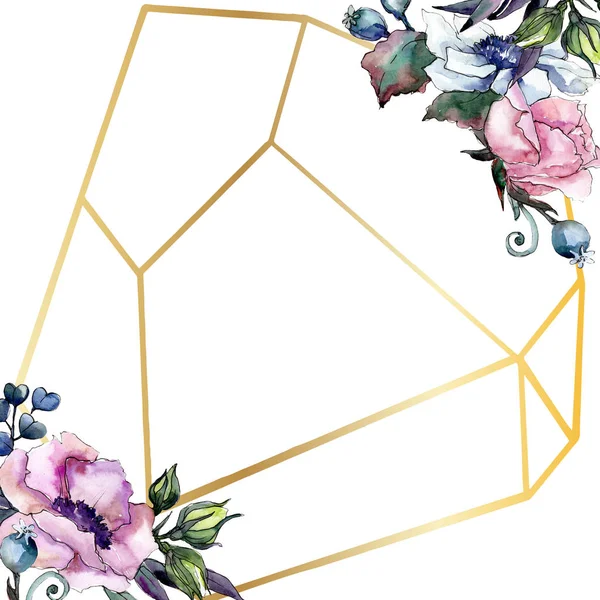 Μπουκέτο με ροζ floral βοτανικό λουλούδι. Ακουαρέλα φόντο εικόνα σύνολο. Πλαίσιο συνόρων στολίδι τετράγωνο. — Φωτογραφία Αρχείου