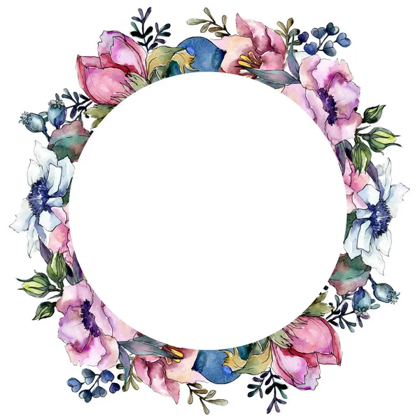 Mazzo di fiori botanici floreali rosa. Acquerello sfondo illustrazione set. Quadrato ornamento bordo cornice . — Foto Stock