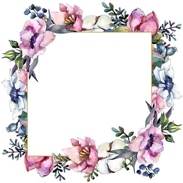 Flor rosa buquê de flores botânicas. Conjunto de ilustração de fundo aquarela. Quadro borda ornamento quadrado . — Fotografia de Stock